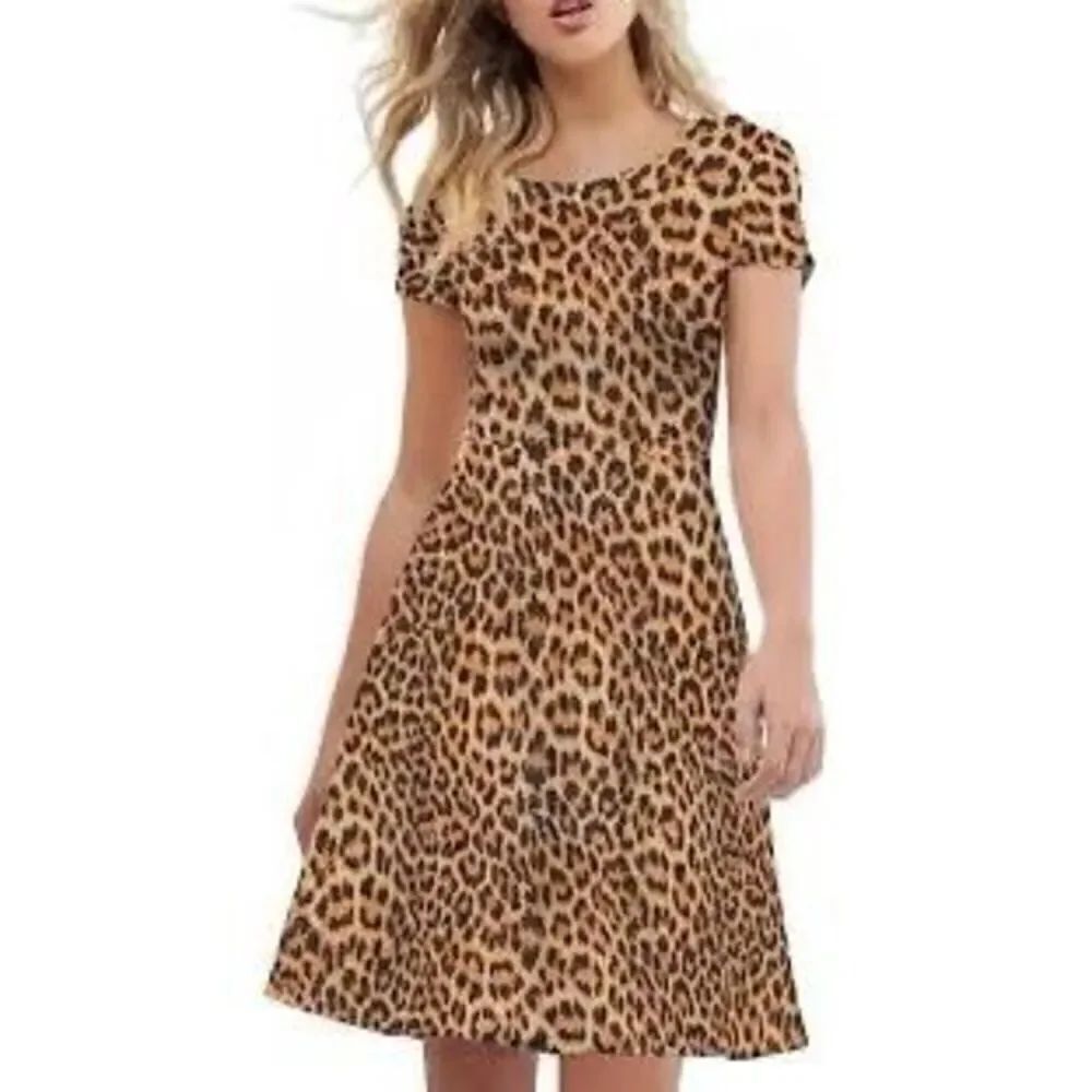 Jessica Howard 12 Short Sleeve Cheetah Print Dress Tan Black A-Line Knee Length